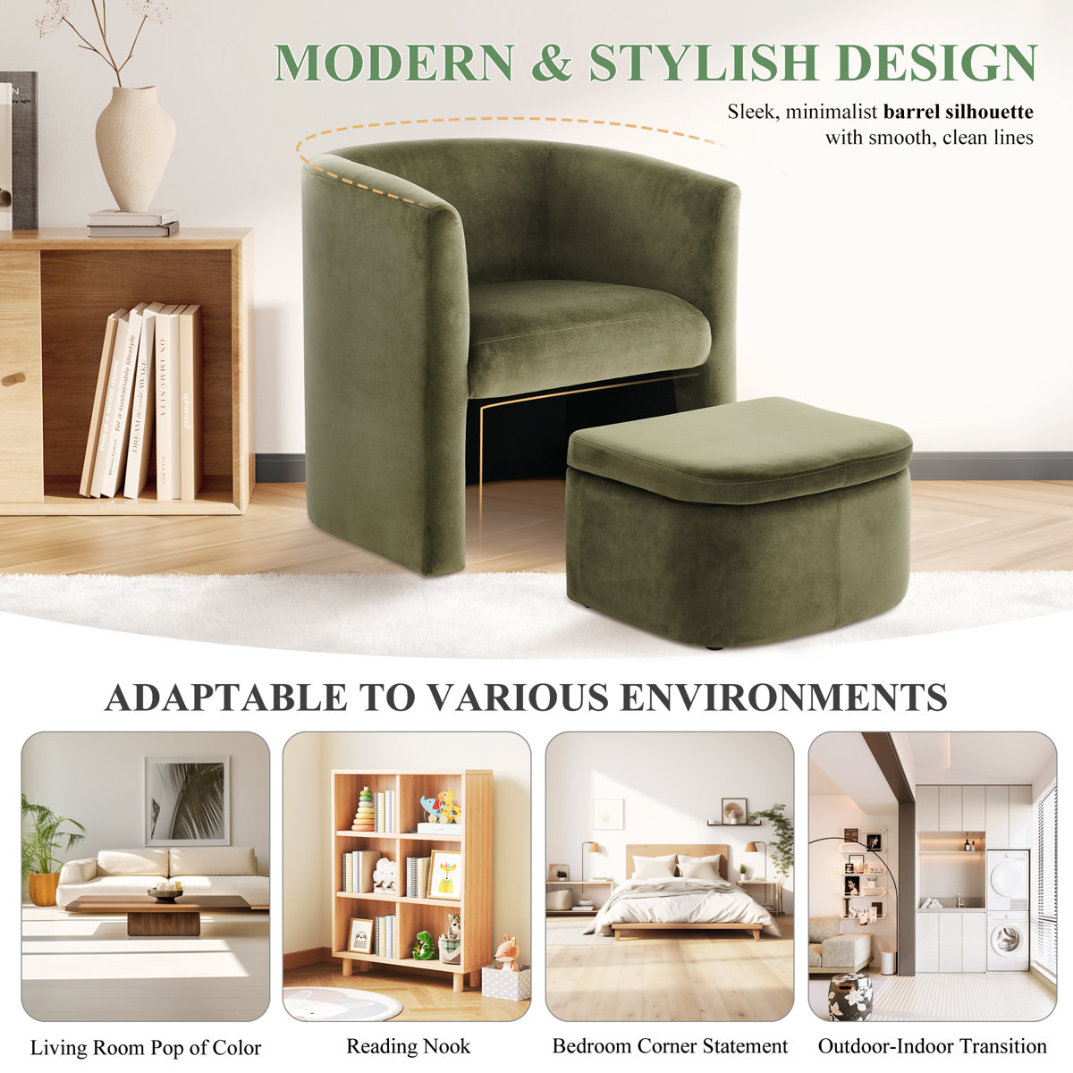 Kyah Upholstered Barrel Chair with Ottoman (Set of 2)